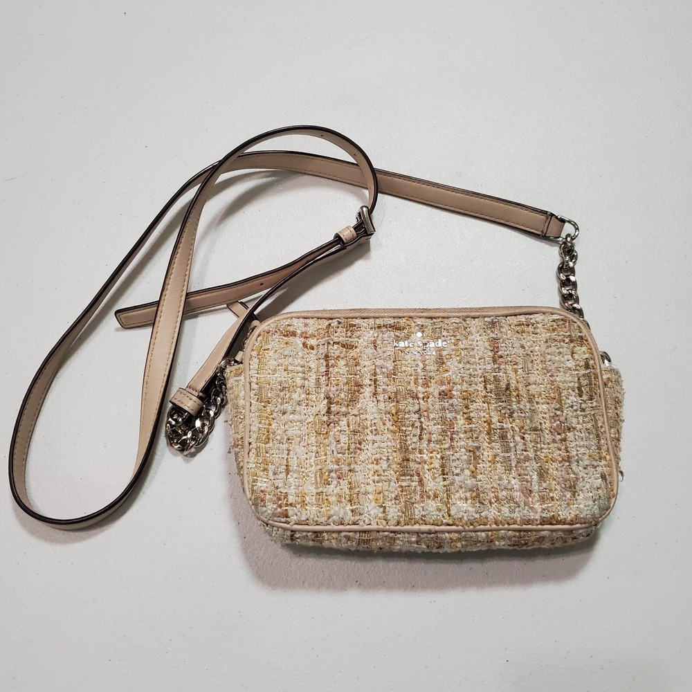 Kate Spade Women Bag‎ One Size Beige Crossbody Tweed Chain Strap Adjustable